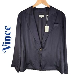 Vince Womens Satin Blazer Sz L Silk & Cotton Blend Midnight Blue Lined Pockets
